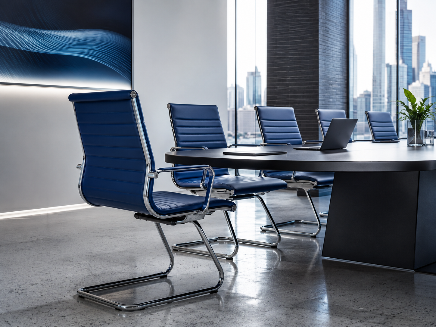 Bulk office chairs arranged in a professional boardroom